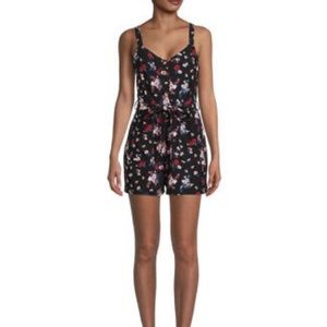 Black Flower Floral Summer Spring Romper Beltef Pockets Buttons 3-5 Small